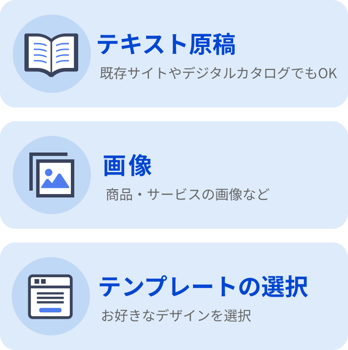 テキスト原稿、画像、テンプレートの選択